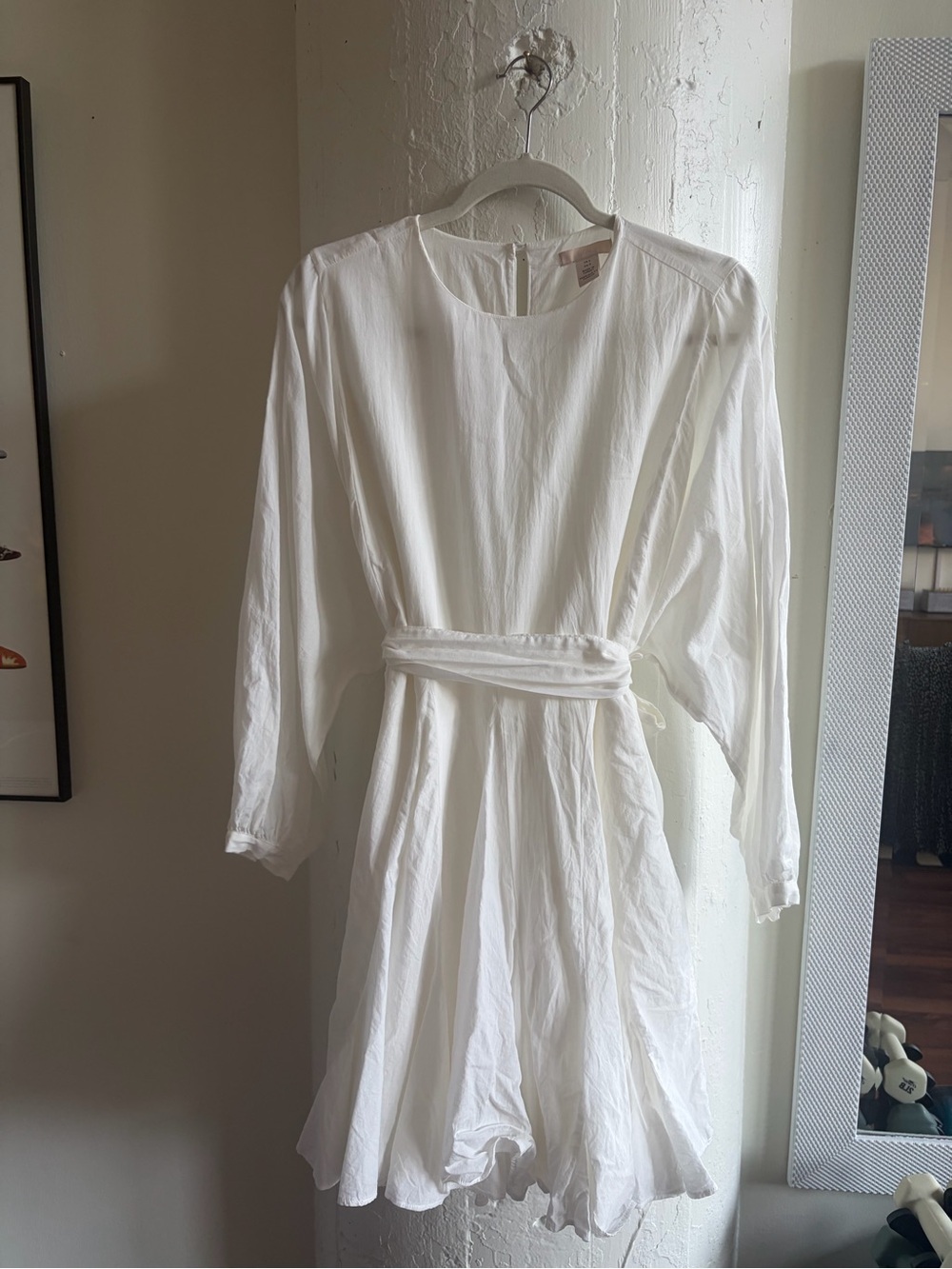 White 100% Cotton Tie Waist Mini Dress Balloon Sleeve Size S